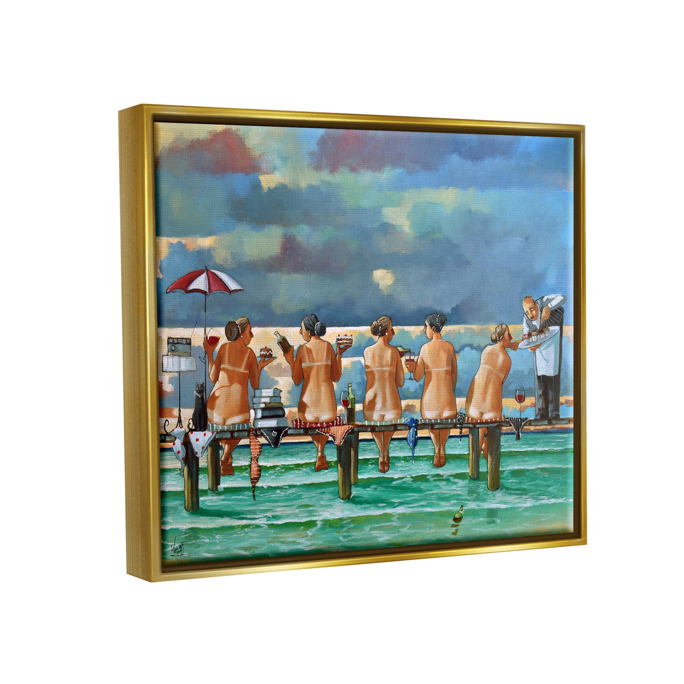Beach Dock Women Summer Fun Coastal Painting Metallic Gold Framed Art Print Wall Art