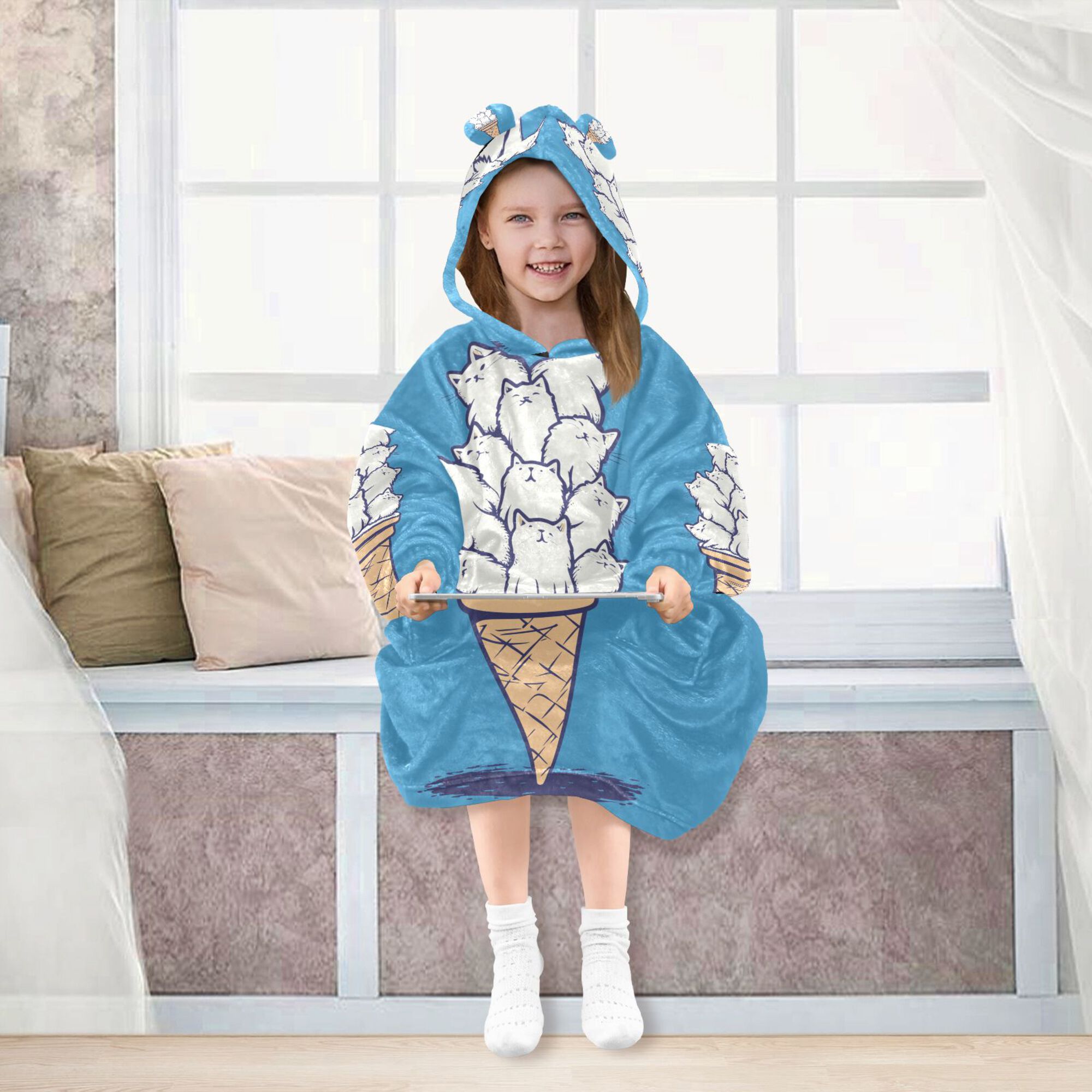 FORMRS Wearable Blanket Hoodie with Sleeves for Kids Cozy Flannel Sweatshirt, Ice Cream Cat