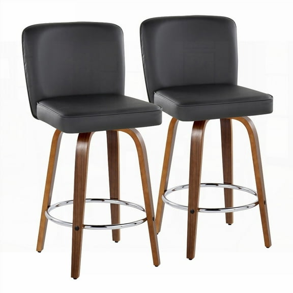 2-Piece Contemporary Walnut Wood and Black Faux Leather Counter Stool with Swivel and Round Chrome Footrest by LumiSource