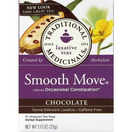 Traditional Medicinals Smooth Move Chocolate Senna Stimulant Laxative Tea Bags Herbal Supplement, 16 count, 1.13 oz, (Pack of 6)