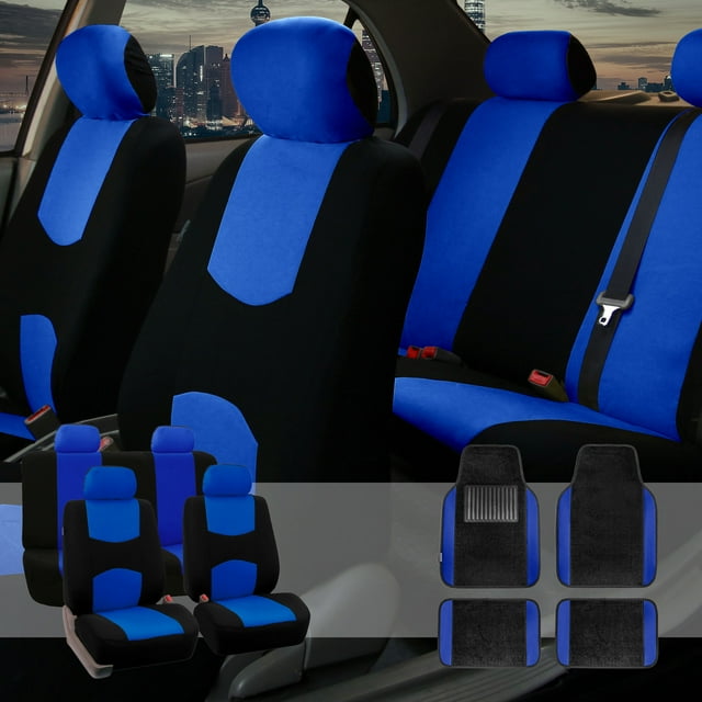 FH Group Car Seat Covers Set for Auto 4 Headrests Black Blue with Carpet Floor Mat