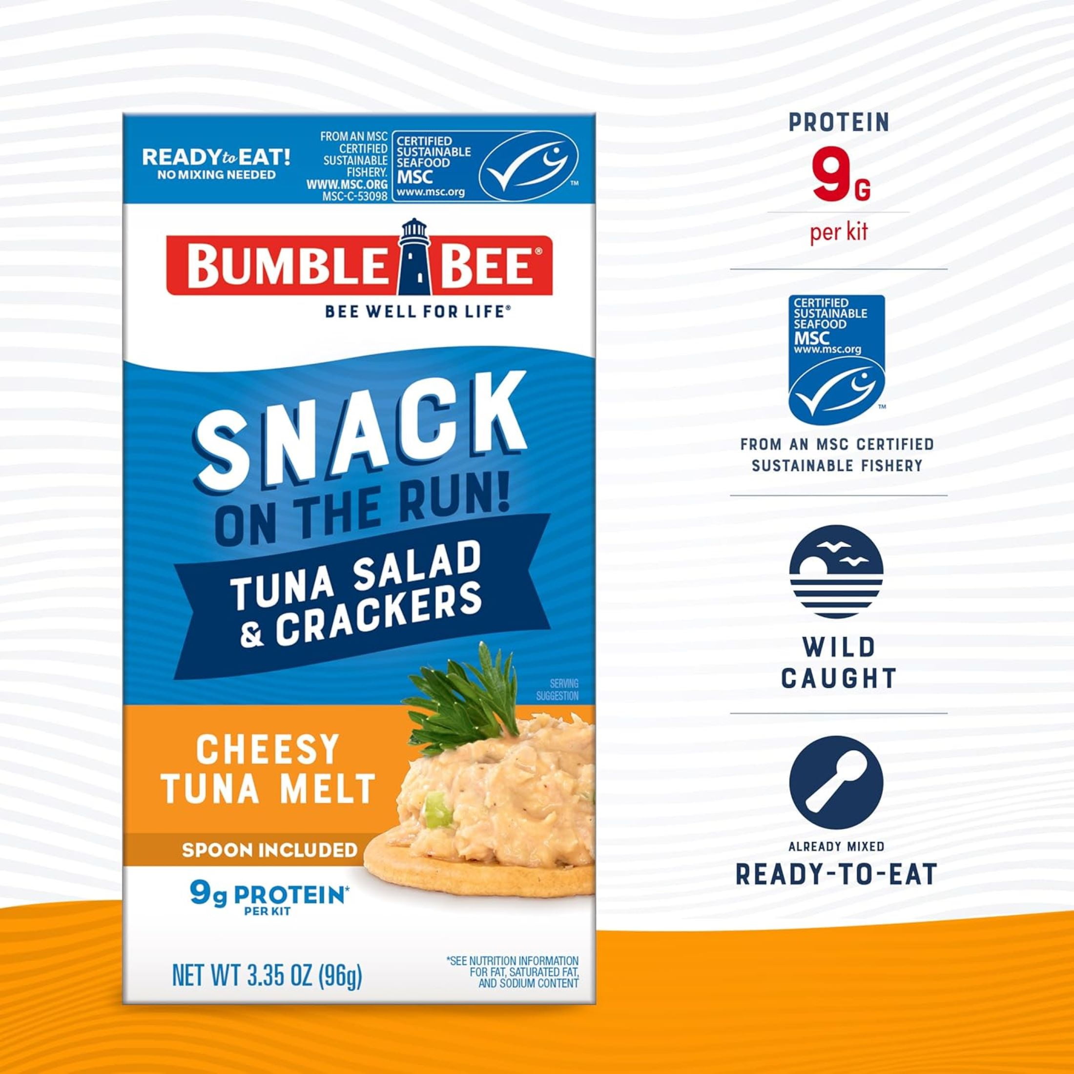 (12 pack) Bumble Bee Snack on The Run Cheesy Tuna Melt with Crackers Kit, 9g Protein Per Serving, Ready to Eat, Spoon Included, Shelf Stable Box, 3.35 oz