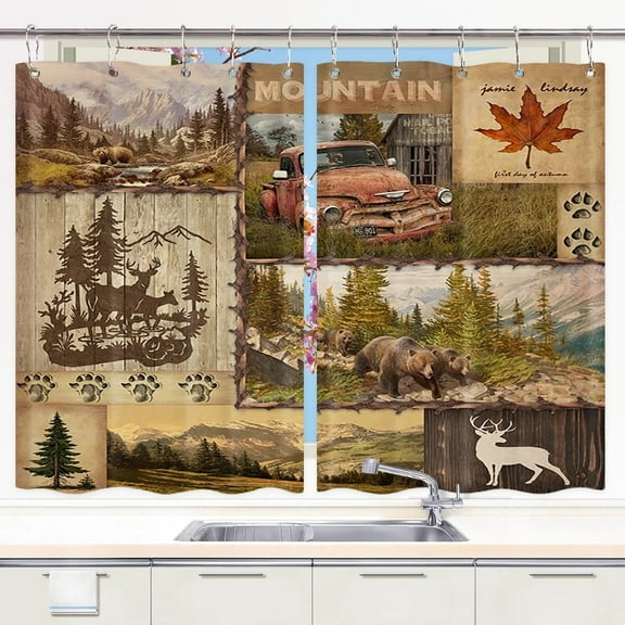 Retro Cabin Kitchen Curtains Rustic Deer Bear Forest Decor Window Drapes Curtains 2 Panels Set Fabric Short Window Treatment Sets With Hooks 42x45 Inches