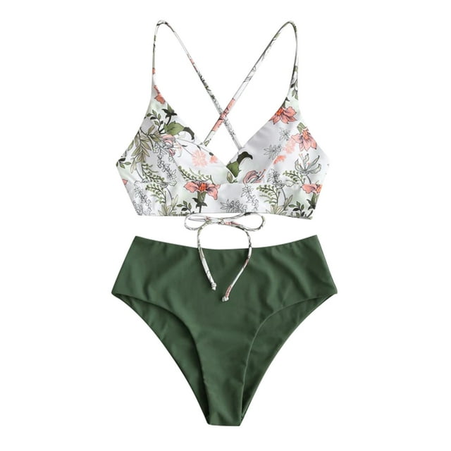 Ketyyh-chn99 Women Swimsuit 2 Piece Tankini Tops 2024 High Waisted 2 Piece Tankini Set for Women Tummy Control Color Block Striped Swimsuit Knit Ribbed Bathing Suit Green,L