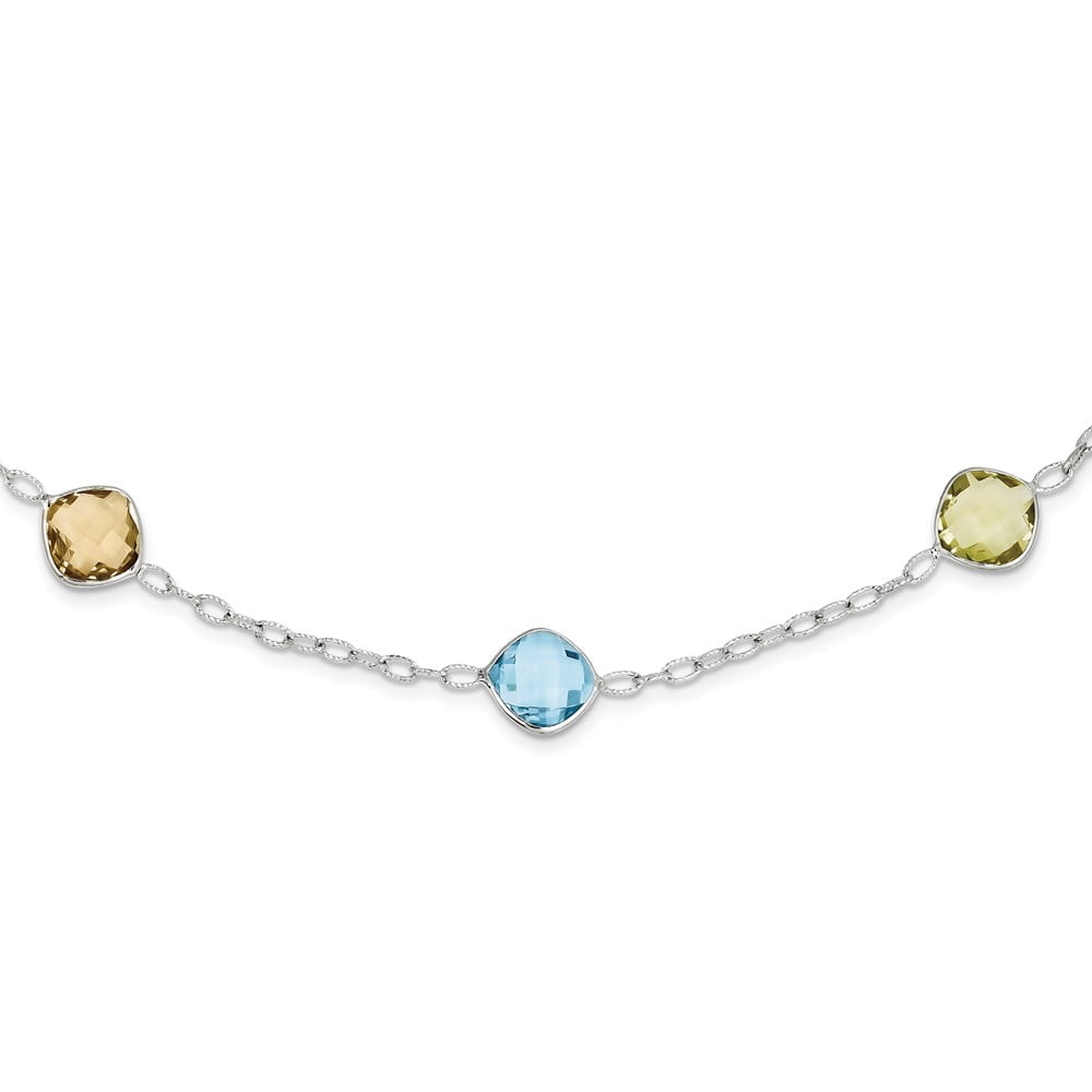16 925 Sterling Silver Round Small Stations with Multi-Tonal Bezel Gemstones Chain Necklace 