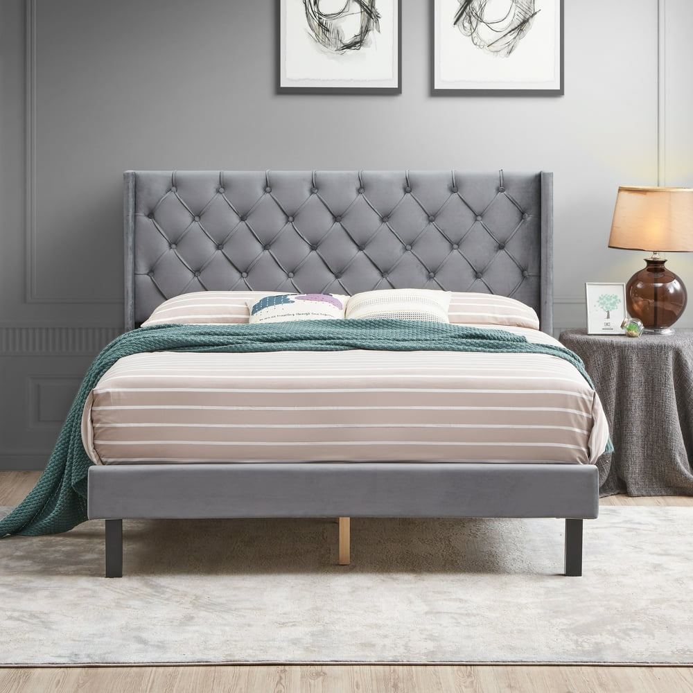 Queen Platform Bed Frame, Modern Velvet Fabric Upholstered Platform Bed