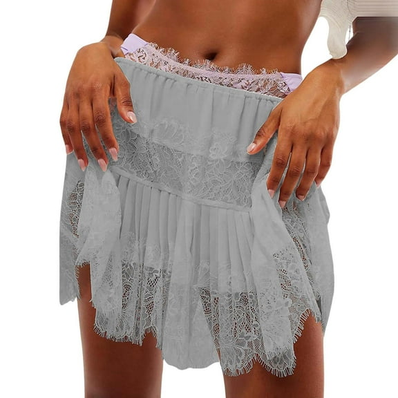 Ediodpoh Womens Skirts Ladies Solid Color Ballet Style High Waisted Half Skirt with Irregular Hem and Lace Trim Grey XL