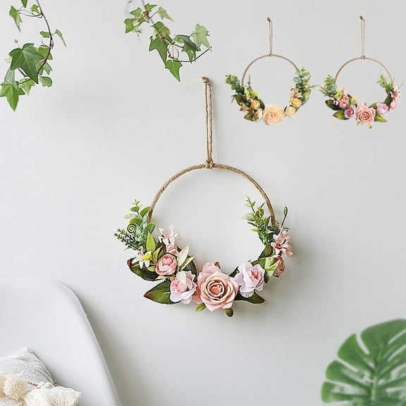Artificial Rose Wreath | Simulation Flower Wall Hanging - Metal Frame - Pink Beige | Door Decoration, Home Bedroom Living Room Decor | 1 Pack | 13.77x7.87in | Easy Maintenance