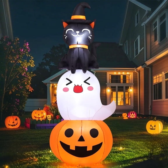 COMIN 6 FT Halloween Inflatables Pumpkin Ghost Cat Combo Outdoor Decorations Blow Up Yard with Built-in LEDs for Indoor Party Garden Lawn Decor