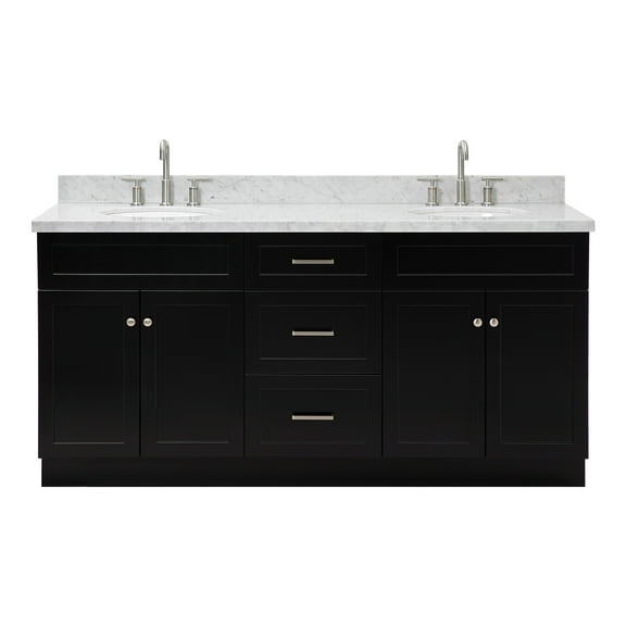 Ariel Hamlet 73 In. Double Oval Sink Vanity With Carrara White Countertop In Black