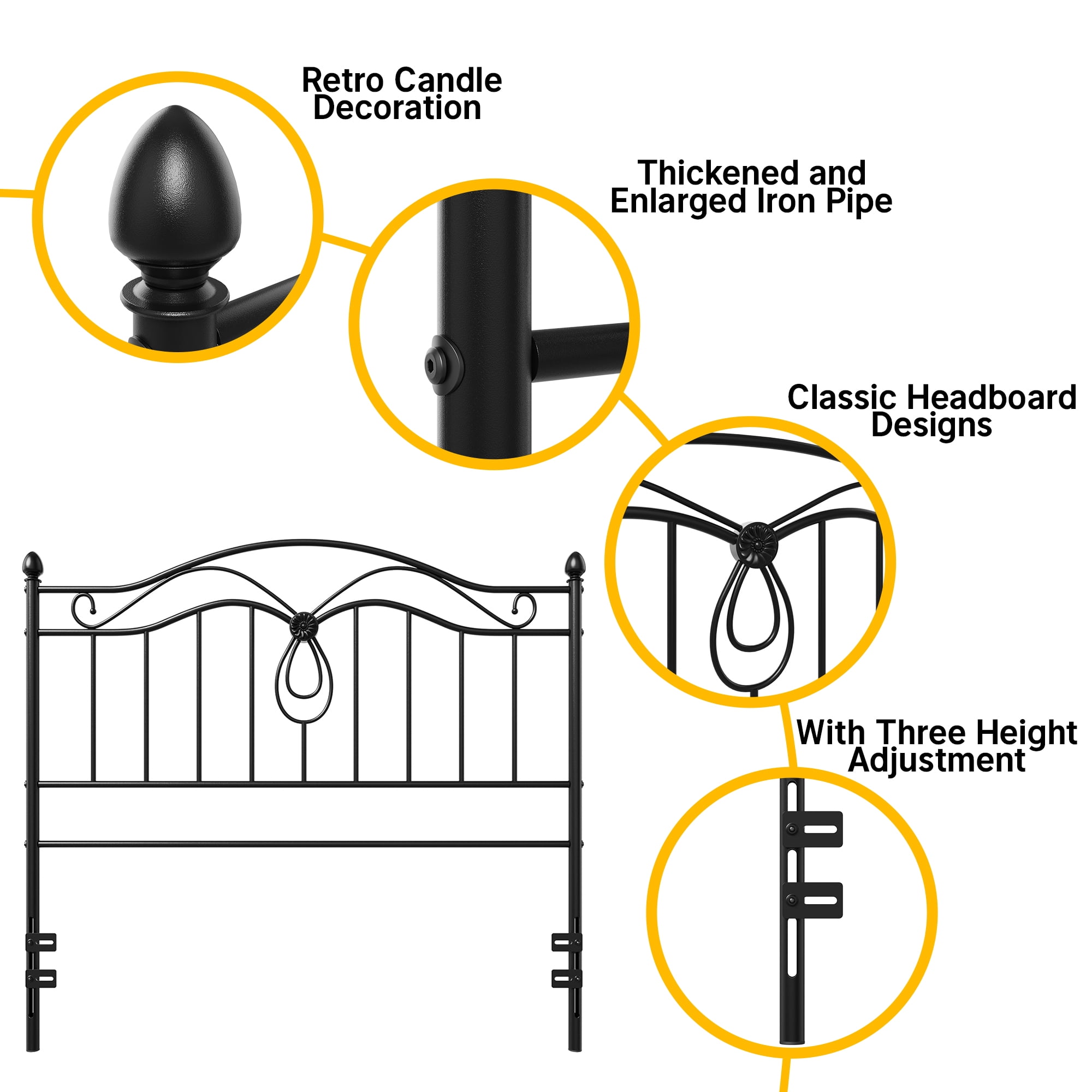 Yoneston Vintage Full Size Metal Headboard with Adjustable Height for Full Beds, Black