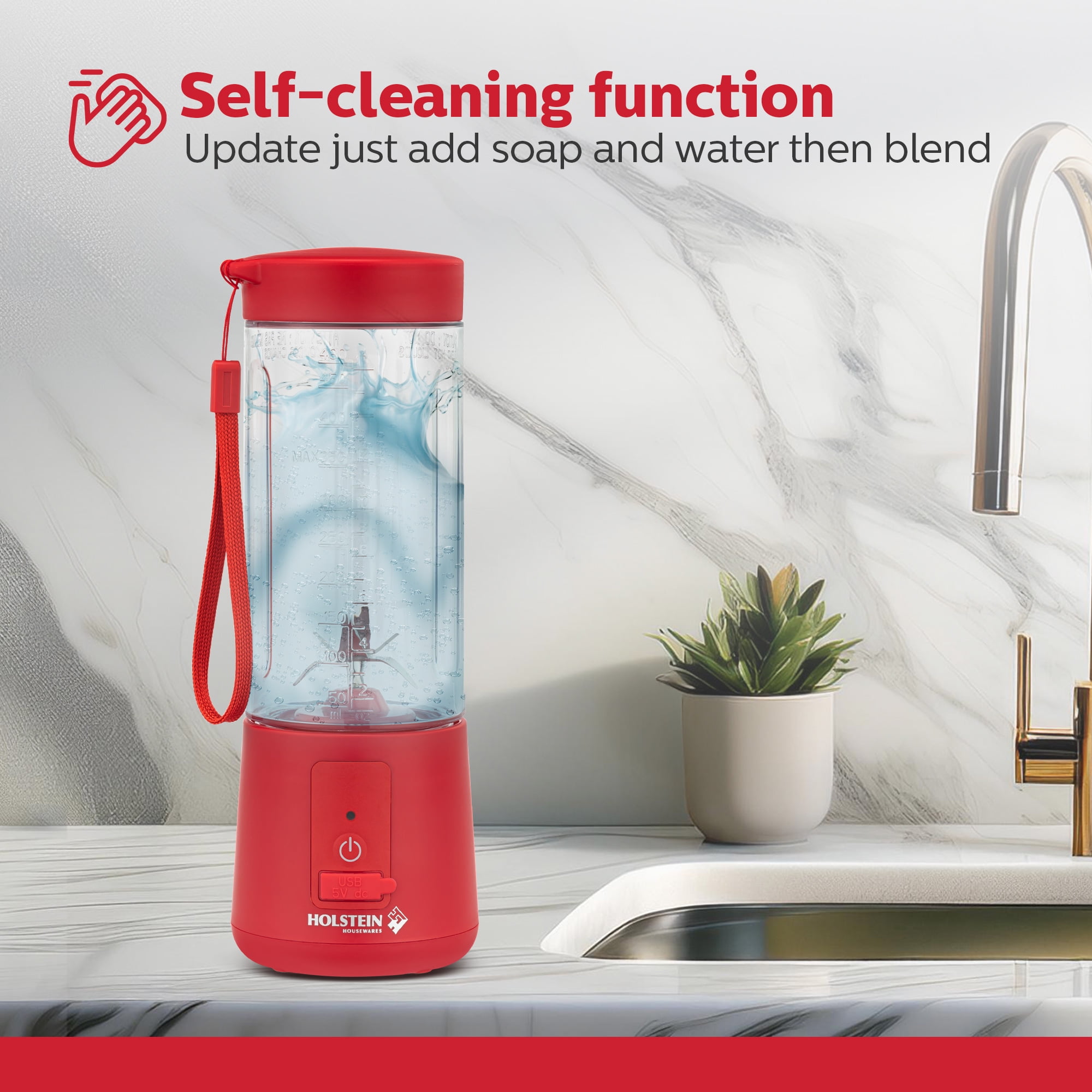 Holstein Housewares Red USB Portable Blender, 16oz, Rechargeable with Type-C Charging, Spill-Proof Lid
