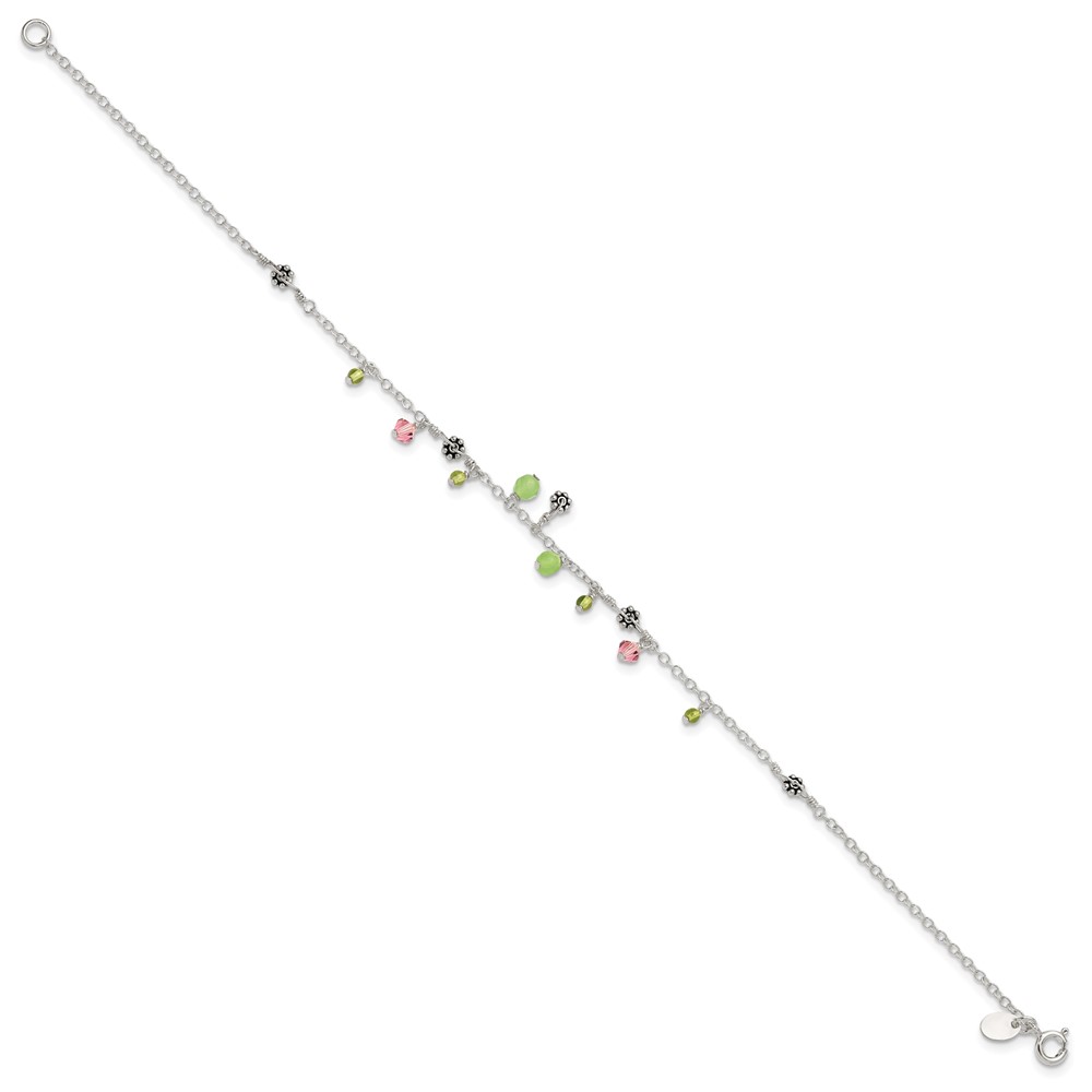 Sterling Silver Anklet Crystal 9 inch mm 9in Pink Green Quartz Peridot Beads