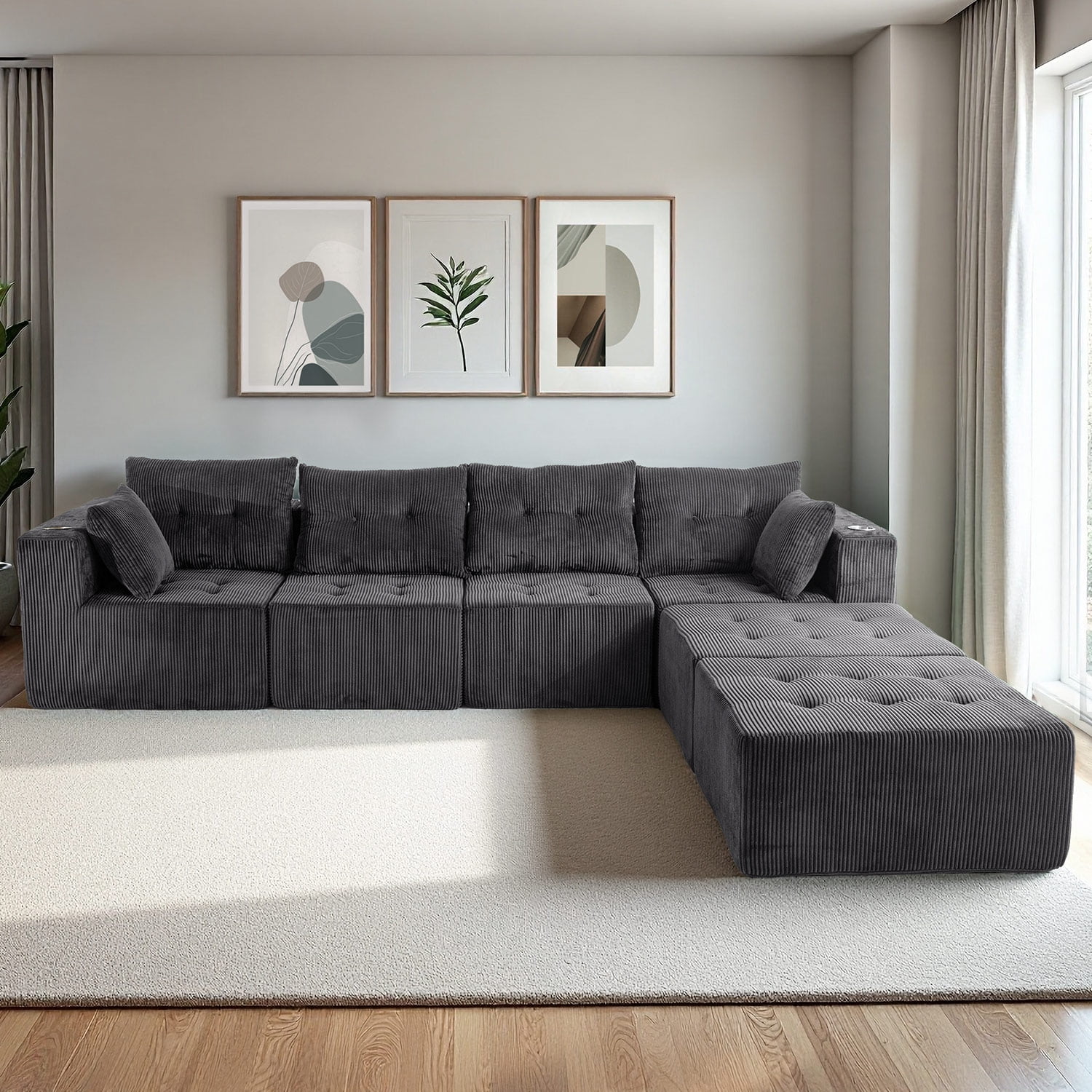 BYBYME 129"Oversized U Shaped Couch,6 Seat Sectional Corduroy Tufted Sofa,Upholstered Symmetrical Cloud Couch with Double Chaise,Wrap Around Sofa for Living Room Apartment Office,Sofa in A Box,Grey