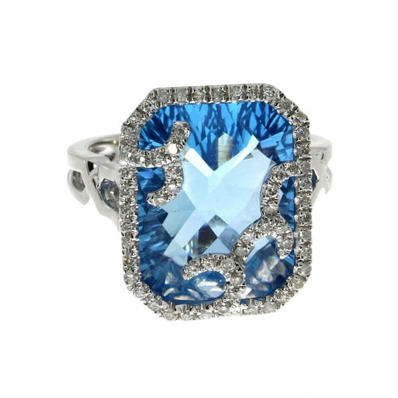 14k White Gold Large Cushion Blue Topaz and Diamond Ring