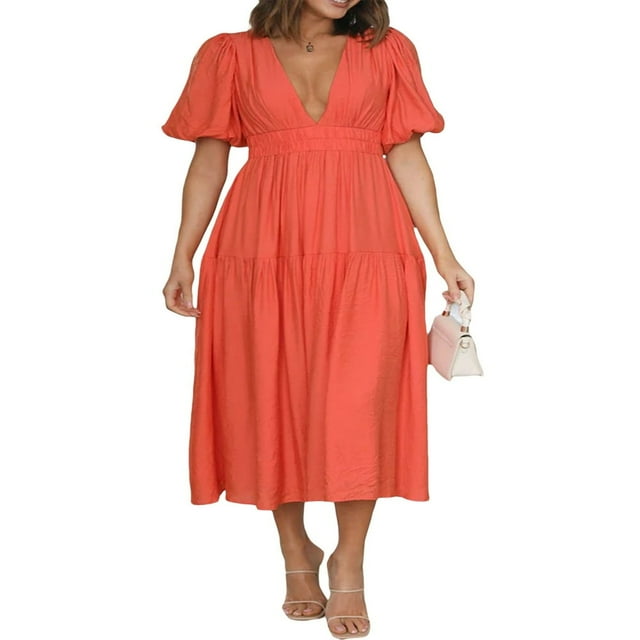 AMERTEER Femmes Profonde V Maxi Robe d'Été Casual Manches Courtes Plissée Taille Haute LongBeach Flowy Robes