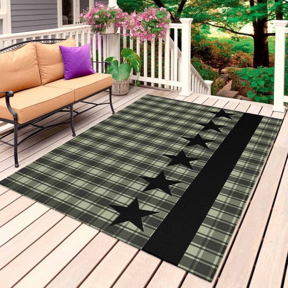 Sage Green Black Plaid Outdoor Rug for Patio/Deck/Porch, Non-Slip Large Area Rug 3 x 5 Ft, Vintage Star Buffalo Check Rustic Indoor Outdoor Rugs Washable Area Rugs, Camping Rug Carpet Runner