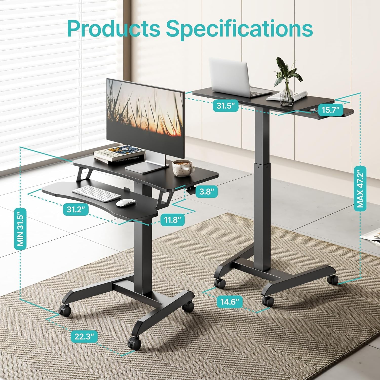Standing Rolling Desk-Height Adjsutable up to 47.2' Rolling Podium for Teachers, 31.2'× 27.5' Dual Tier Sanding Desk for Classroom, Moveable Laptop Cart, Teacher Podium with Wheels, Black