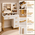 thumbnail image 4 of CLOUDREST PRO Makeup Vanity Desk with LED Lighted Mirror for Bedroom, 3 Color Lighting Modes, Storage Drawers & Open Shelves, Gold & White Beauty Dressing Table for Women, White, 4 of 6