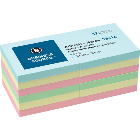 Business Source 3" Plain Pastel Colors Adhesive Notes - 100 - 3" x 3" - Square - Assorted - Repositionable, Solvent-free Adhesive - 12 / Pack | Bundle of 5