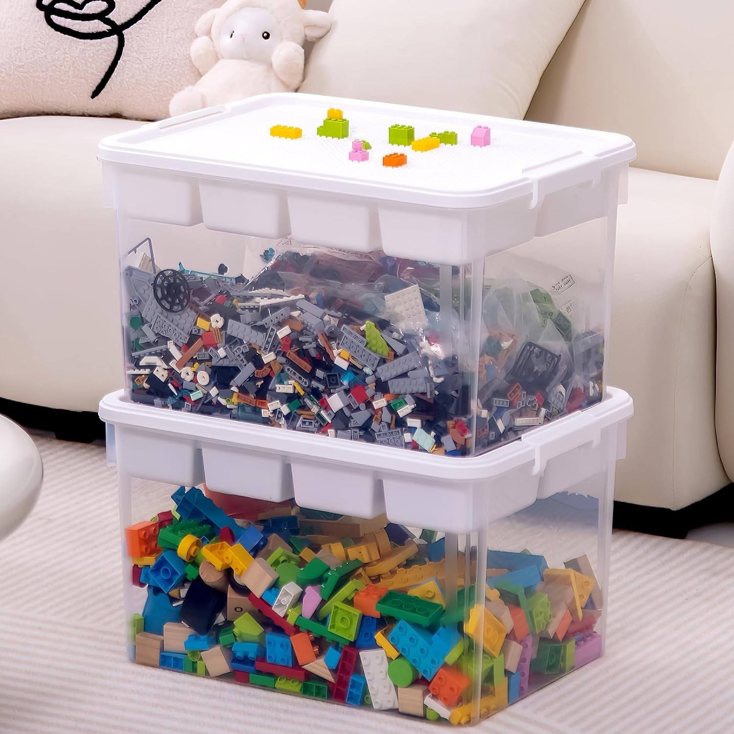 32 Qt Storage Bins with Building Baseplate Lid and Removable 6 Grids Tray Plastic Clear Storage Container for Building Brick Toy Bead Tool Sewing Craft 1 Packs White Lid