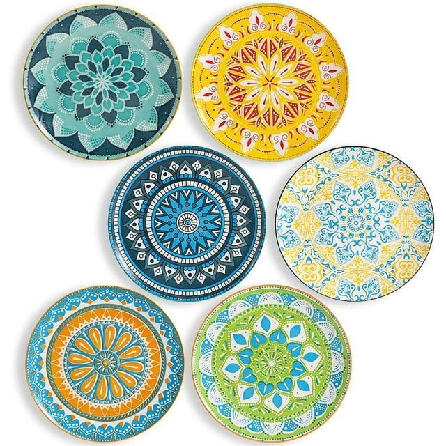 Dinner Plates Ceramic Plate Set - 10 Inch Large Porcelain Round Plate Sets of 6 - Flat Colorful Pattern Dining Plates for Kitchen | Family - Dishwasher | Microwave | Oven Safe