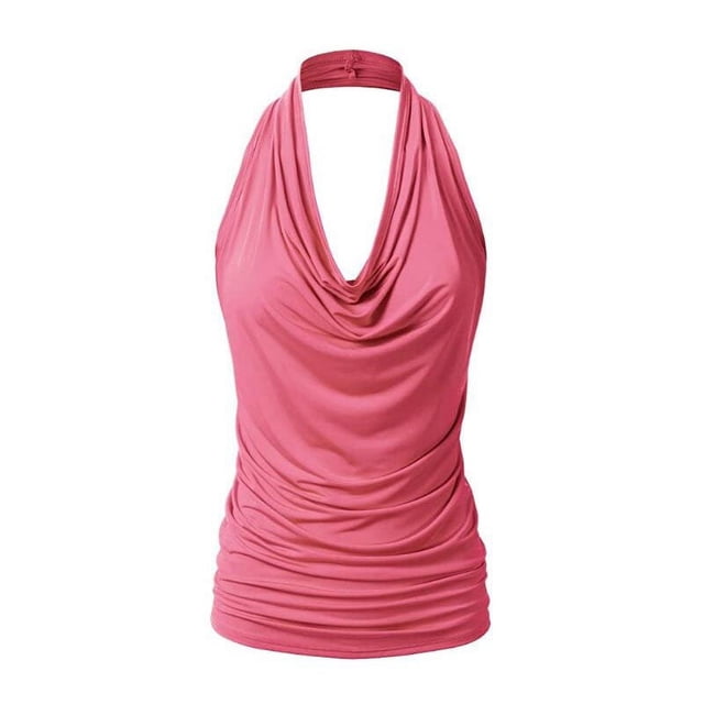 Blusa sexy con cuello drapeado y espalda descubierta, sin mangas, para mujer - Material de poliéster, adecuada para llevar de forma informal y en la oficina