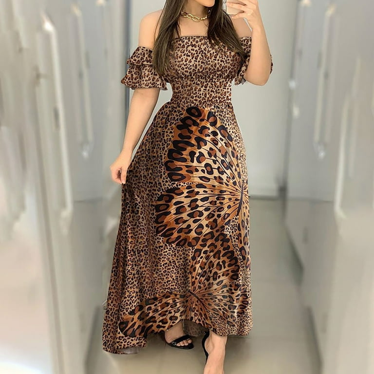 Fesfesfes Summer Dresses for Womens Leopard Print Off Shoulder