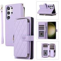 ELEHOLD Leather Wallet Case for Samsung Galaxy S23 with Zipper Card Wallet Pocket Magnetic Buckle Stand Function Detachable Crossbody Metal Chain Strap Lanyard Shockproof Case,purple