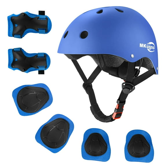 Kids Bike Helmet for Ages 2-14, Adjustable Safety Toddler Helmet with Protective Gear Set, Skateboard Scooter Helmets with Knee Elbow Pads Wrist Guards (Blue, Medium (for Ages 8-14))