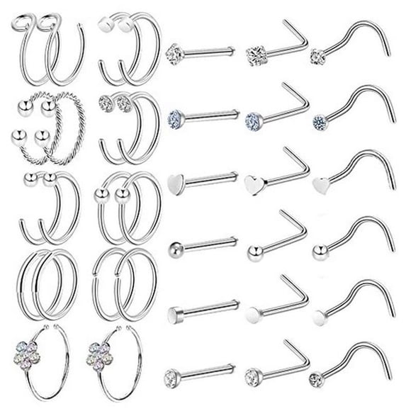 WIFKLSIIPG 36 Pieces of 20G C Shaped L Shaped Zircon Nose Ring Suitable for Women and Men's Nose Ring with Diamond Nose Stud Piercing Jewelry Set