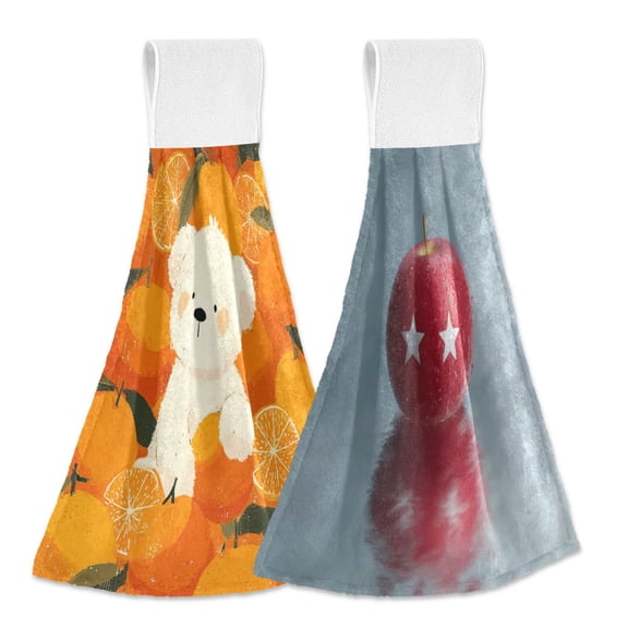 IAUYY Kitchen Hanging Towels Set of 2 100% Polyester Absorbent, Super Soft Hand Towels with Hanging Loops for Bathroom Kitchen White Teddy Bear White Stars