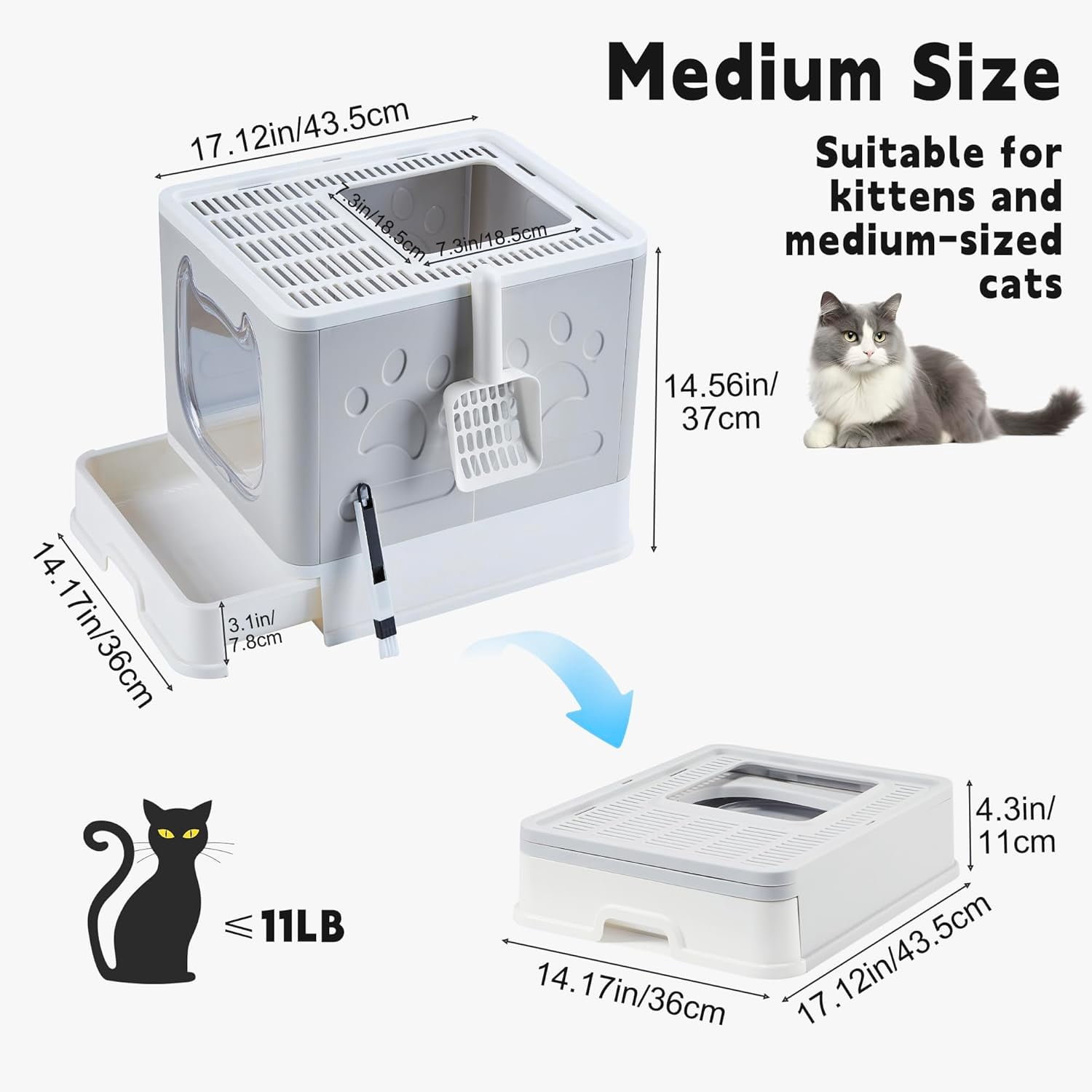 Cat Litter Box with Lid, Top Entry Kitten Litter Box with Controlled Access, Covered Enclosed Cat Potty Odor Control for Small to Medium Cats, Scoop and Clean Brush Included (Grey)