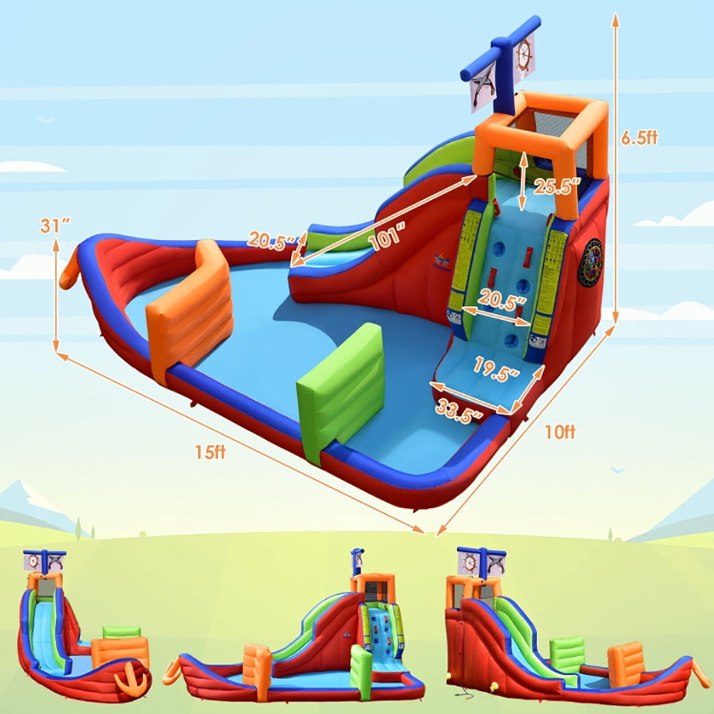 Aimee Lii 6-in-1 Pirate Ship Waterslide Kid Inflatable Castle with Water Guns and 735W Blower, Bounce House Water Slide for Kids