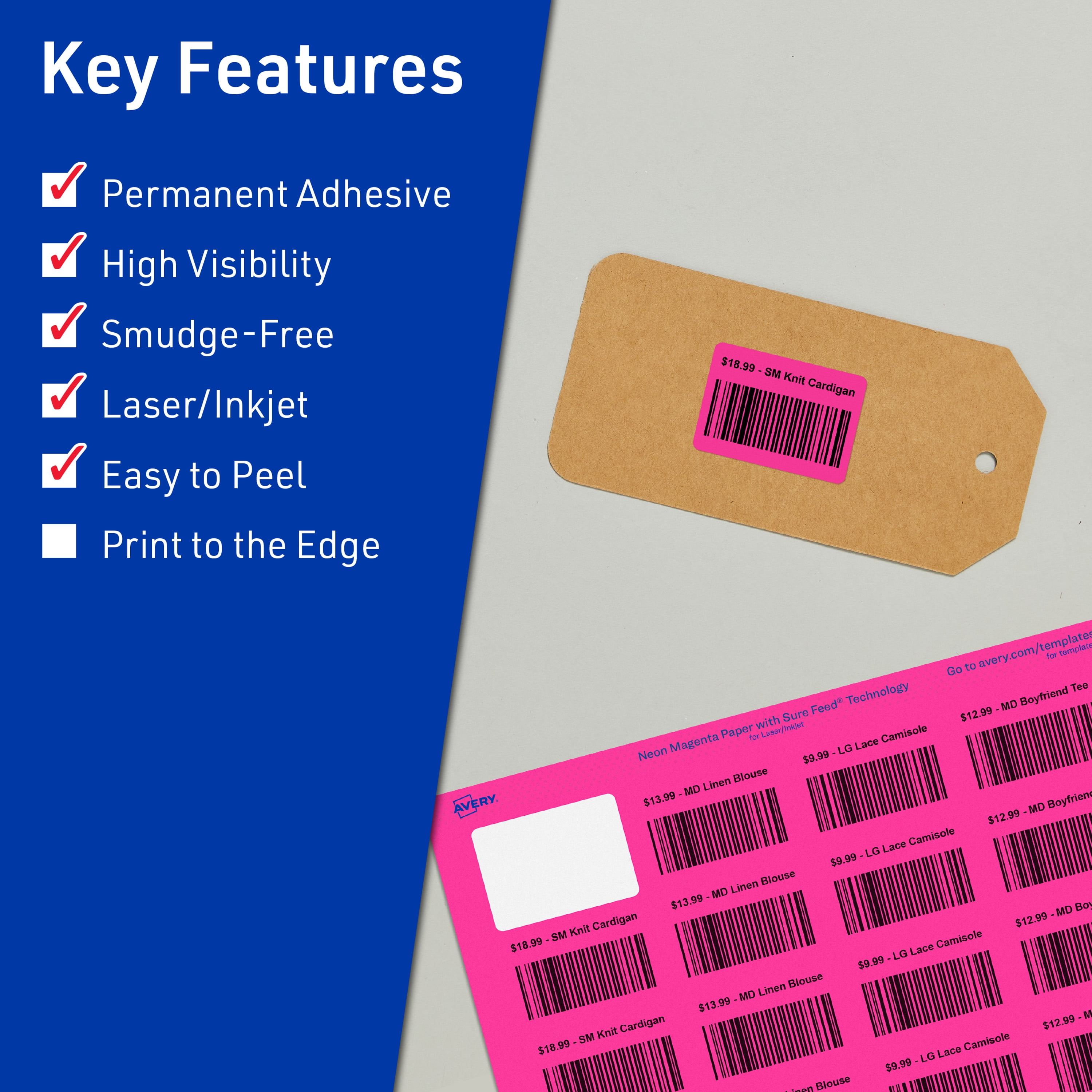 Avery Printable Rectangle Labels, Neon Magenta, 1.25" x 1.75", 640ct