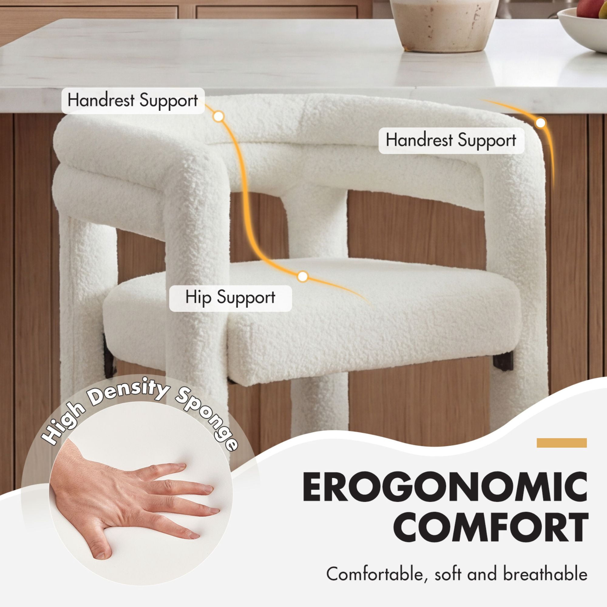 Dayalane 26" Counter Height Bar Stools Set of 1, Modern Sherpa Barrel Barstools with Back and Armrests, Stainless Steel Footrest for Kitchen Island, White