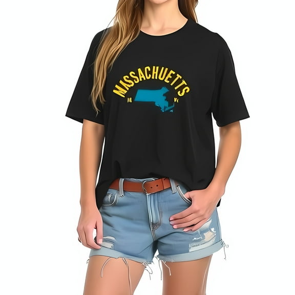 Oversized Cotton Short Sleeve T-Shirt with 'MASSACHUSETTS' in Bold Yellow and State Map Graphic - Casual Summer Style