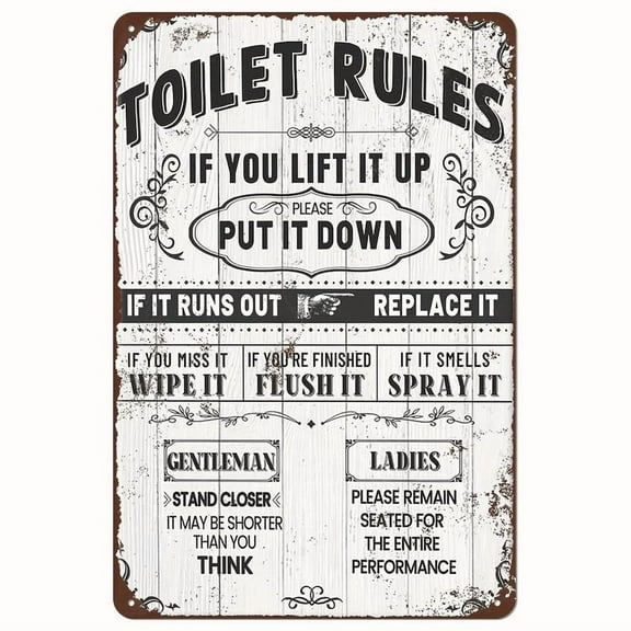 Rustic Farmhouse Toilet Rules Metal Sign - Vintage Humorous Bathroom Decor Plaque, Frameless Wall Art, 8x12 inches, Ideal for Home & Office