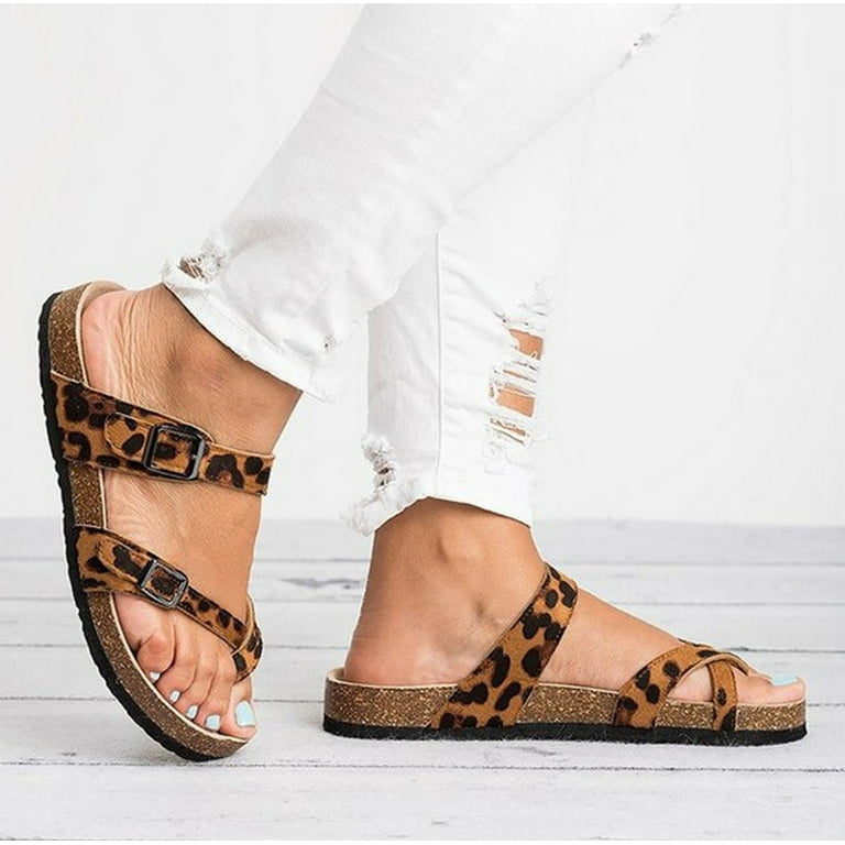 Retro Women s Leopard Print Flats Sandals Beach Shoes Thick Soled