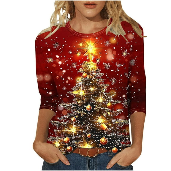 VKOYWKM Women's Christmas Tops 3/4 Length Sleeve Christmas Tops Cute Xmas Tree Graphic Tees Loose Fit Fall T-Shirts