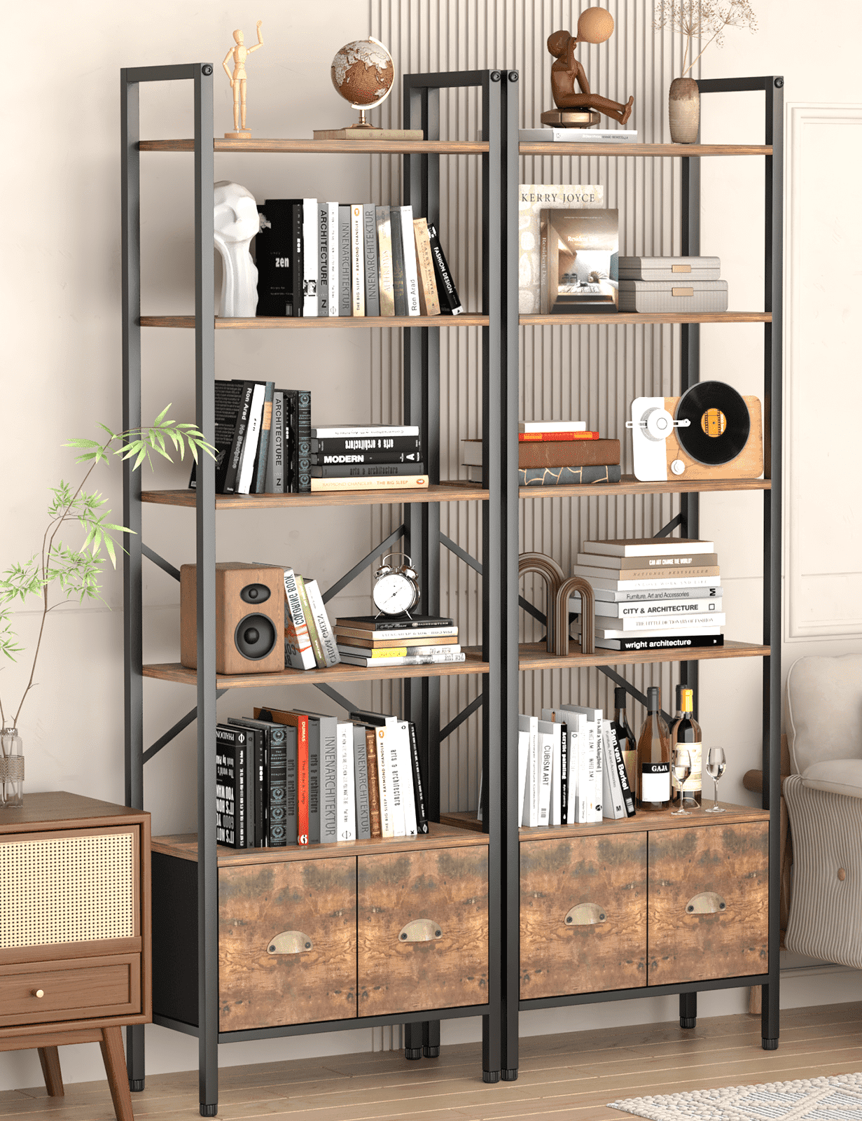 BEHOST 6-Tier Storage Rack Bookshelf with 2 Fabric Drawers, Tall Metal Frame bookcase for living room and Office, Rustic Brown