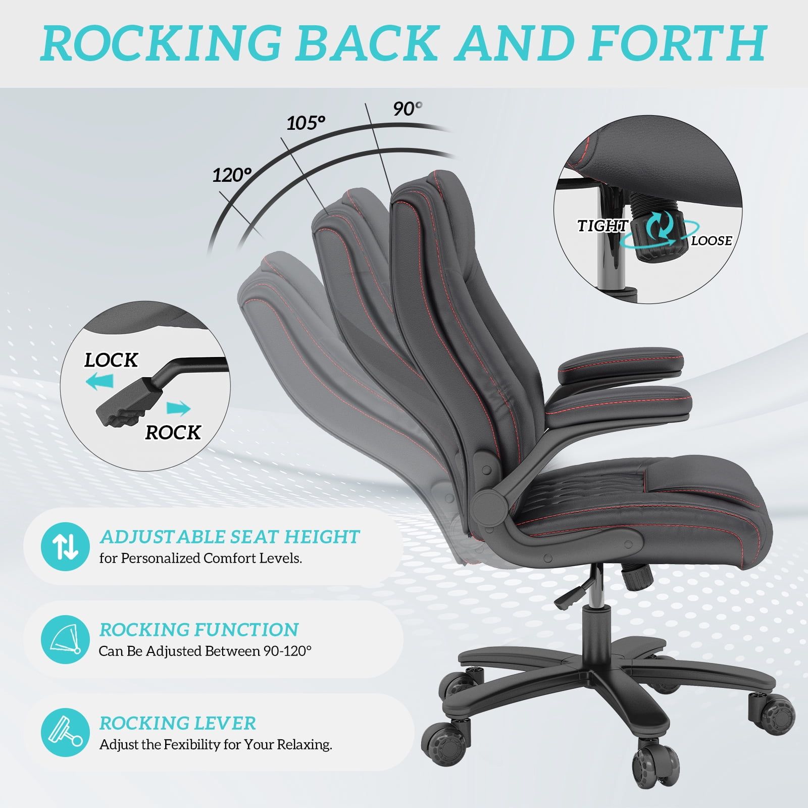 Ninecer Big and Tall Office Chair 400lbs, High Back Executive Computer Desk Chair with PU Leather, Ergonomic Swivel Chair with Adjustable Height, Rocking Function and Padded Flip-up Armrests, Black