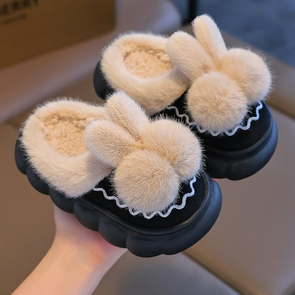SYMOID Bunny Slippers for Kids Unisex Black, Pl-Sh Warm Polyester Slippers with Non-Slip Sole, Kids To Youth Size indoor Outdoor House Shoes,Size 35