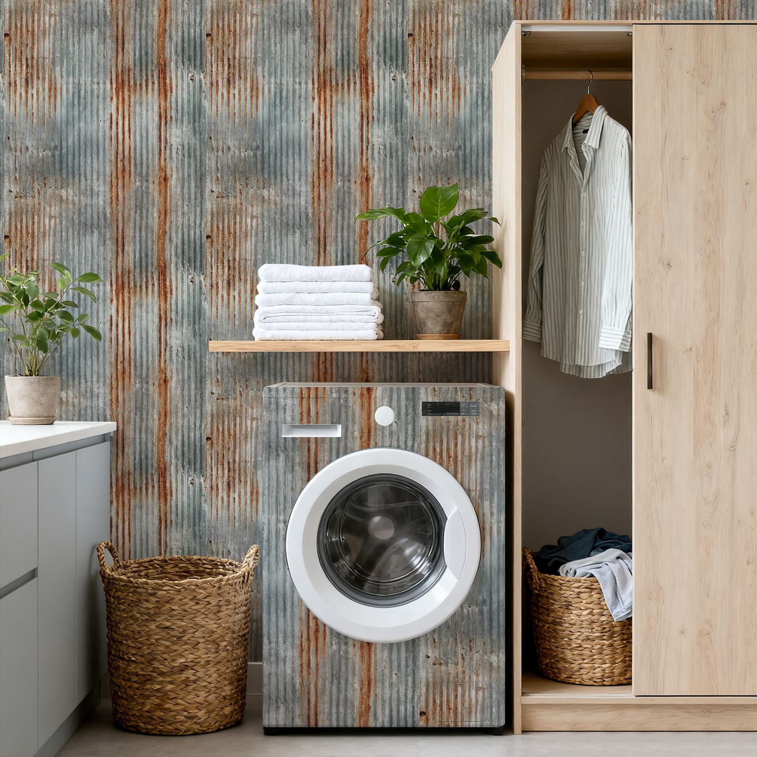 Modern Industrial Rusty Corrugated Metal Texture Vertical Ridges Weathered Wall Mural 17.7in x 9.8ft Self Adhesive Removable Wall Paper Renter Friendly Wallpaper for Bedroom Cabinets