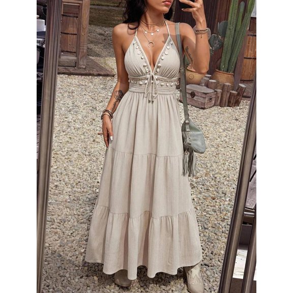 Womens Apricot Boho Halter Maxi Dress V-Neck Smocked Waist Tiered Beach