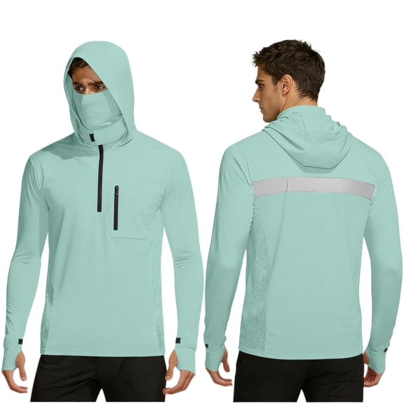 Mens Sun Shirts UV Protection Long Sleeve Quarter Zip Thumb Holes Hooded Top UPF 50  Lightweight Breathable Shirt with Face Cover