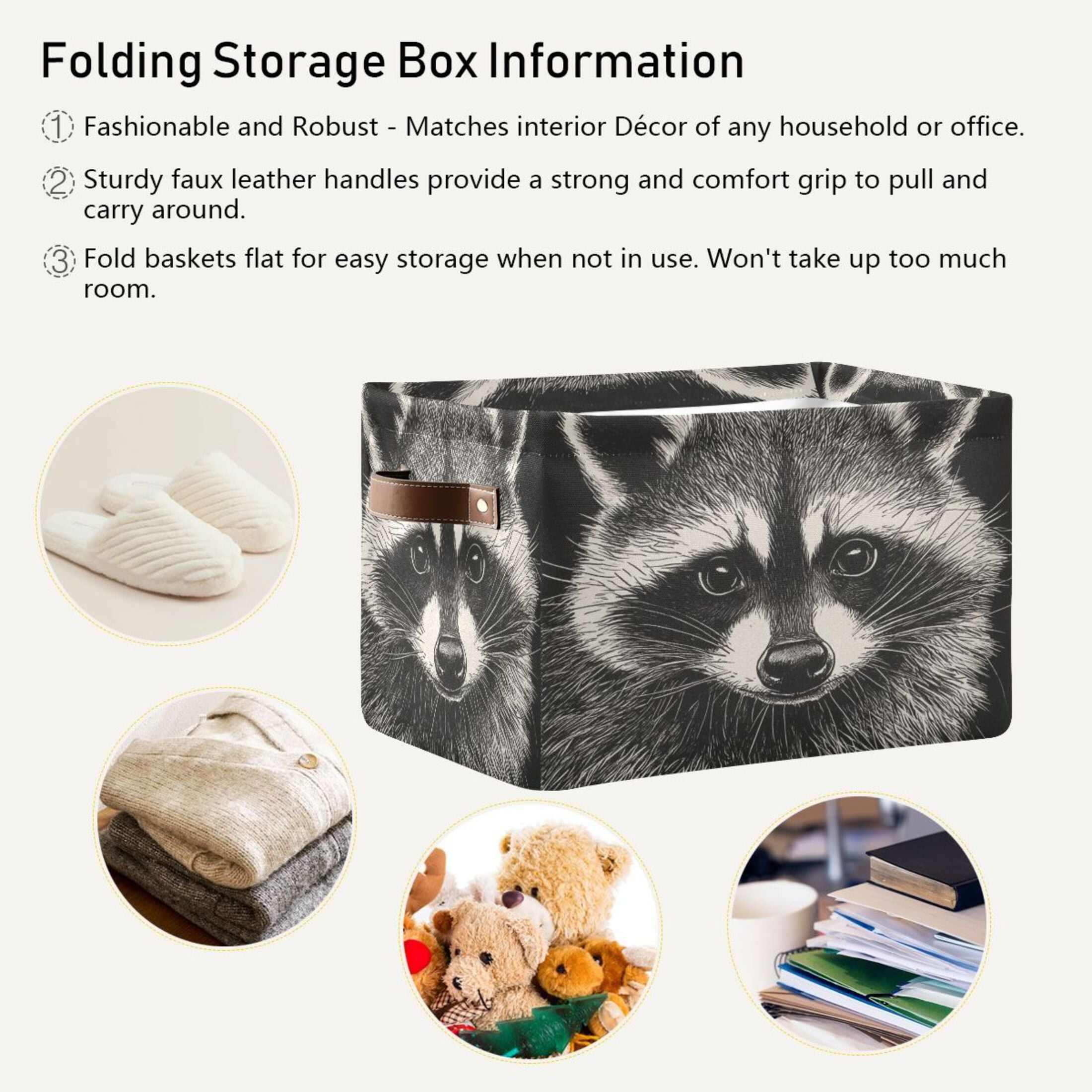 An Adorable Raccoon Foldable Storage Basket,Canvas Fabric Foldable Storage Bins with Handles Open Home Storage Bins Boxes for Toy Book Shelf Closet Baskets