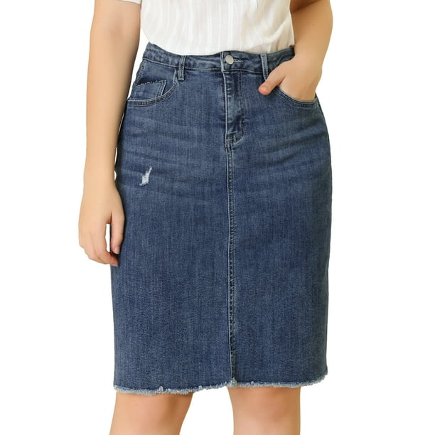 Falda vaquera Midi Allegra K Básica Desgastada Cintura Alta Azul oscuro L