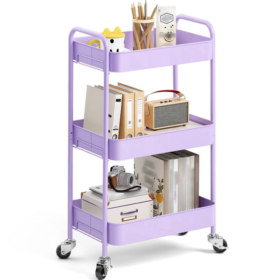KK KINGRACK 3-Tier Rolling Cart, Metal Utility Cart with Wheels, Home Office School Organizer, Purple