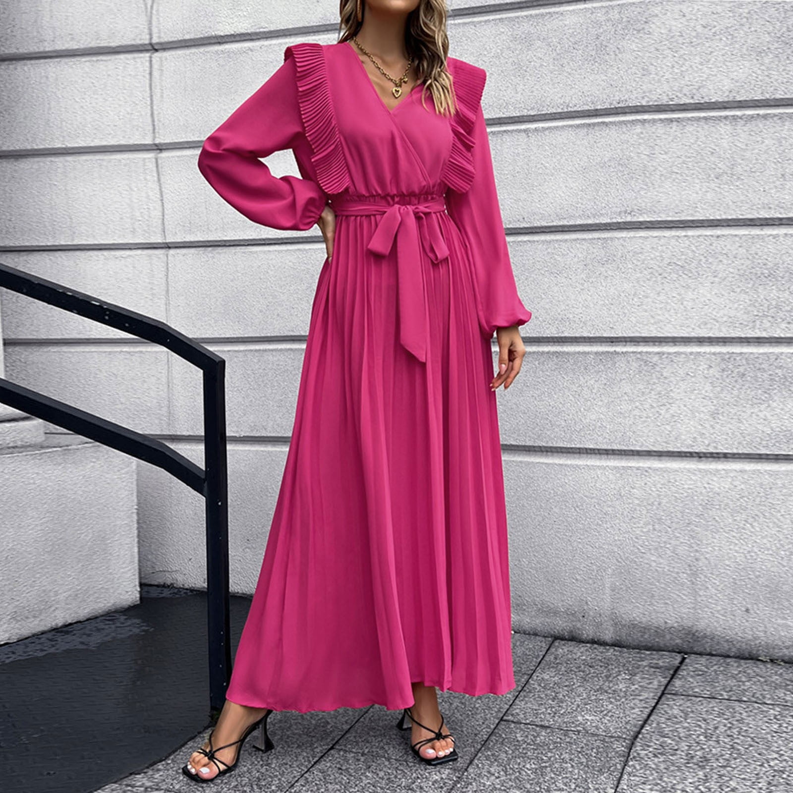 Long Sleeve Hot Pink Maxi Dress — free download